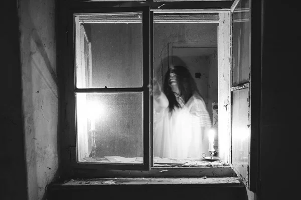 Ghost Abandoned Haunted House Horror Scene Scary Spirit Woman Halloween — Stock Fotó