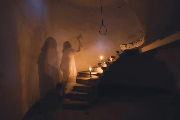 Ghost Abandoned Haunted House Horror Scene Spooky Silhouette Holding Old — Stock Photo, Image