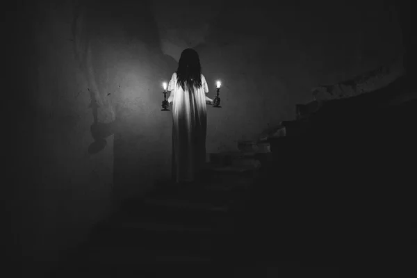 Ghost Abandoned Haunted House Horror Scene Scary Spirit Woman Halloween — Stock Photo, Image