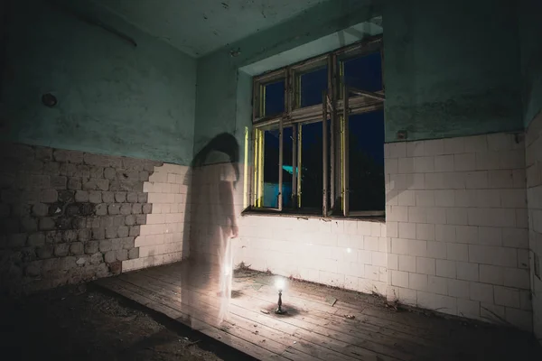 Ghost Abandoned Haunted House Night Horror Scene Scary Spirit Woman — стоковое фото