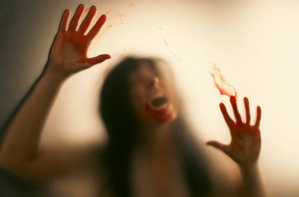 Horror Ghost Woman Blooded Hands Matte Glass Halloween Festival Concept — ストック写真