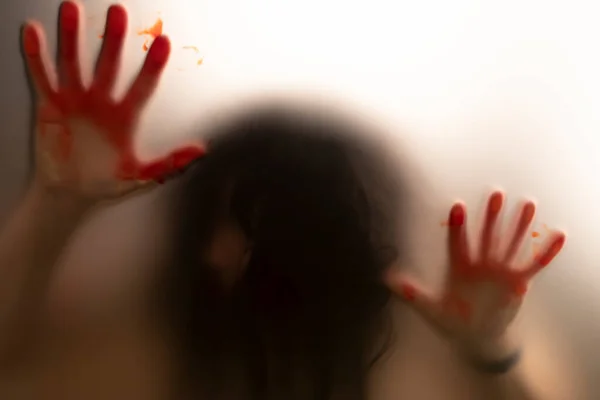 Horror Ghost Woman Blooded Hands Matte Glass Halloween Festival Concept — Foto Stock