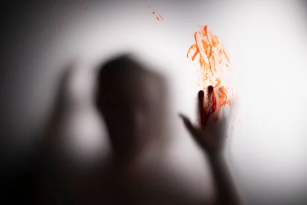 Horror Ghost Girl Blood Her Hand Matte Glass Halloween Festival — Stock Photo, Image