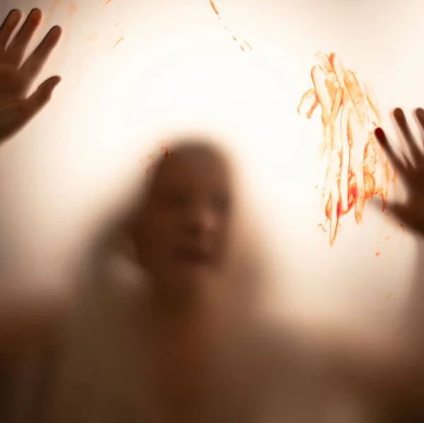 Horror Ghost Girl Blood Her Hand Matte Glass Halloween Festival — Stock Photo, Image