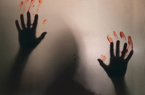 Horror Ghost Woman Blooded Hands Matte Glass Halloween Festival Concept — Stock Photo, Image