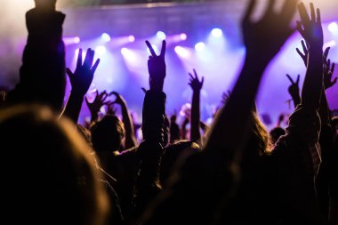 Konserde kalabalık - Parlak renkli sahne ışıkları önünde tezahürat yapan kalabalık