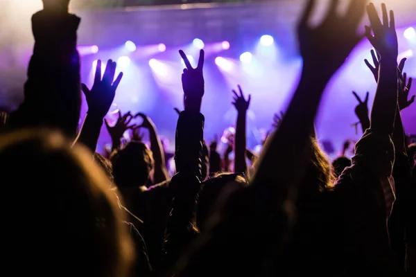 Crowd Concert Cheering Crowd Front Bright Colorful Stage Lights — Stock Photo, Image