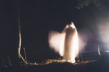 Horror background of a ghostly figure in enchanted a forest. Halloween concept