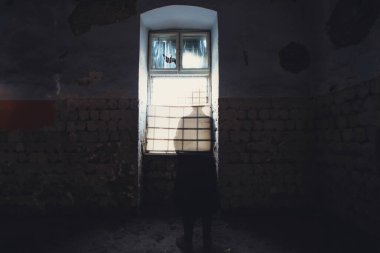A mysterious figure wearing a long coat and fedora standing in a ruined, abandoned house
