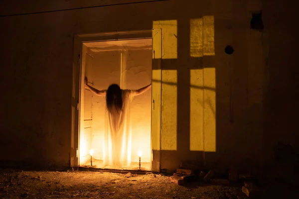 Ghost Abandoned Haunted House Horror Scene Scary Spirit Woman Halloween — Photo