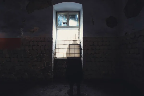 Mysterious Figure Wearing Long Coat Fedora Standing Ruined Abandoned House — 图库照片