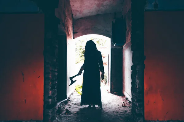 Ghost Abandoned Haunted House Horror Scene Spooky Silhouette Holding Old — Foto de Stock