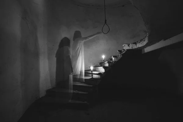 Ghost Abandoned Haunted House Horror Scene Scary Spirit Woman Rope — Stock Photo, Image