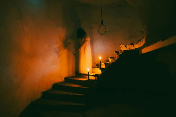 Ghost Abandoned Haunted House Horror Scene Spooky Silhouette Holding Old — Stock Photo, Image