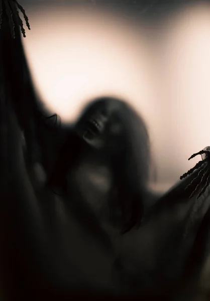Horror Skeleton Grim Reaper Matte Glass Halloween Festival Concept Blurred — Fotografia de Stock
