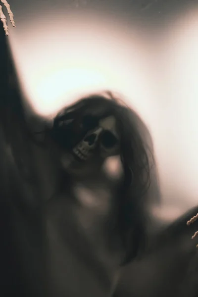 Horror Skeleton Grim Reaper Matte Glass Halloween Festival Concept Blurred — Stockfoto