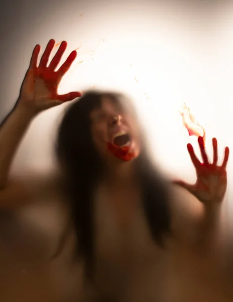 Horror Ghost Woman Blooded Hands Matte Glass Halloween Festival Concept —  Fotos de Stock