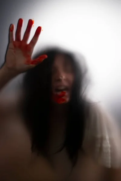 Horror Ghost Woman Blooded Hands Matte Glass Halloween Festival Concept — 스톡 사진
