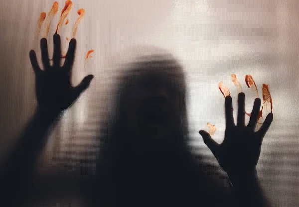 Horror Ghost Woman Blooded Hands Matte Glass Halloween Festival Concept — Fotografia de Stock