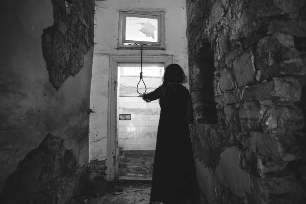 Ghost Abandoned Haunted House Horror Scene Scary Spirit Woman Rope — Φωτογραφία Αρχείου