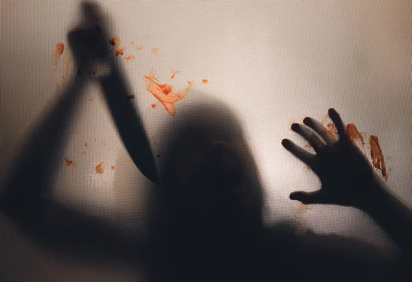 Horror Halloween Háttér Árnyékos Figura Üveg Mögött Kezében Egy Kést — Stock Fotó