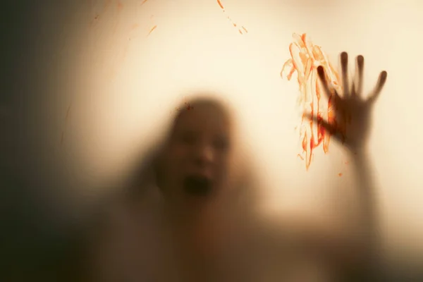 Horror Ghost Girl Blood Her Hand Matte Glass Halloween Festival — 图库照片