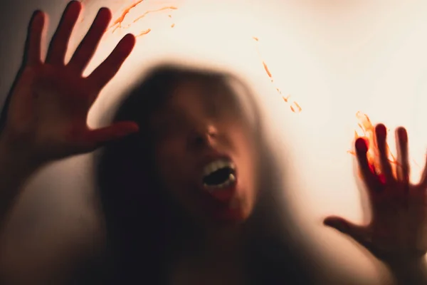 Vampire Woman Blooded Hands Matte Glass Halloween Festival Concept — Stok fotoğraf