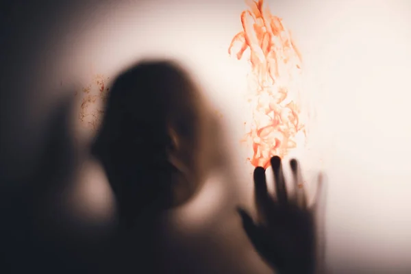 Horror Ghost Girl Blood Her Hand Matte Glass Halloween Festival — Stock Photo, Image