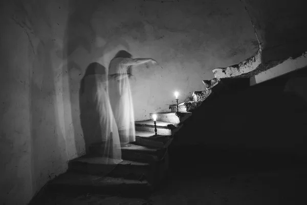 Ghost Abandoned Haunted House Horror Scene Scary Spirit Woman Halloween — Stock Fotó