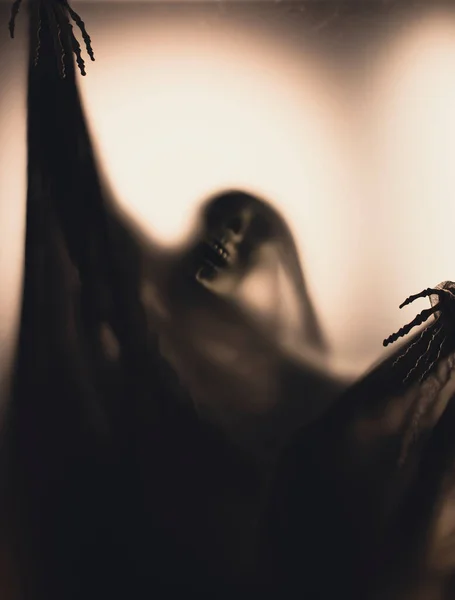 Horror Skeleton Grim Reaper Matte Glass Halloween Festival Concept Blurred — стоковое фото