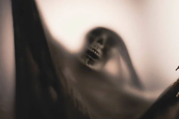 Horror Skeleton Grim Reaper Matte Glass Halloween Festival Concept Blurred — Foto Stock