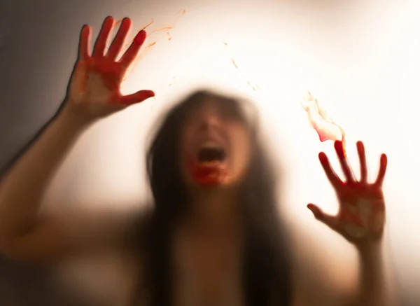 Horror Ghost Woman Blooded Hands Matte Glass Halloween Festival Concept — Stock Photo, Image