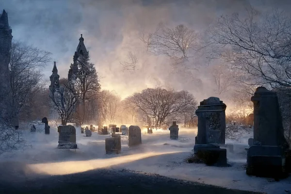 Graveyard in winter under snow.Digital 3D illustration