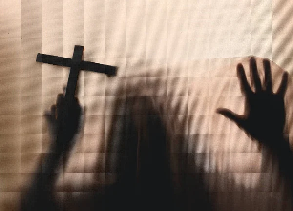 Horror Ghost Woman Holding Cross Matte Glass Halloween Festival Concept — Stock Photo, Image