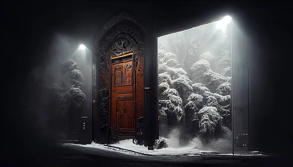 Magic door to winter. Moody, surreal digital illustration.