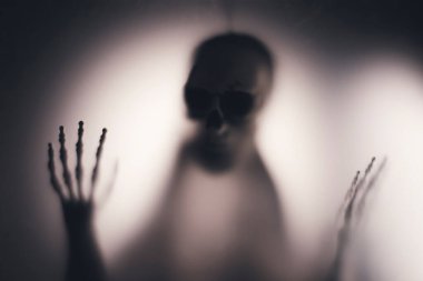 Horror skeleton or grim reaper behind the matte glass. Halloween festival concept.Blurred picture