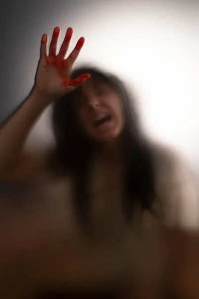 Horror Ghost Woman Blooded Hands Matte Glass Halloween Festival Concept — Foto de Stock