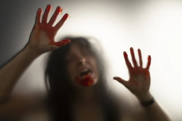 Horror Ghost Woman Blooded Hands Matte Glass Halloween Festival Concept — ストック写真