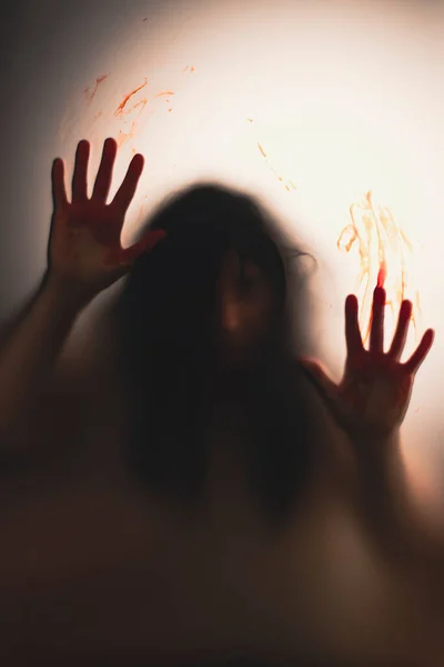 Horror Ghost Woman Blooded Hands Matte Glass Halloween Festival Concept — Stock Photo, Image