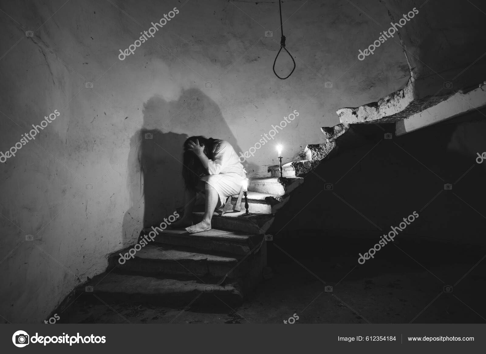 Ghost Abandoned Haunted House Horror Scene Scary Spirit Woman Rope.