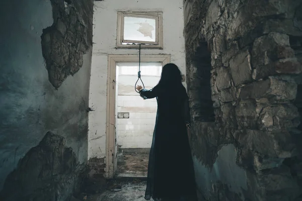 Ghost Abandoned Haunted House Horror Scene Scary Spirit Woman Rope — Fotografia de Stock