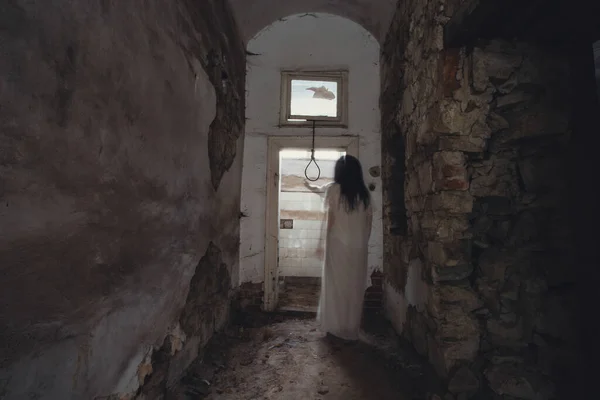 Ghost Abandoned Haunted House Horror Scene Scary Spirit Woman Rope — Photo
