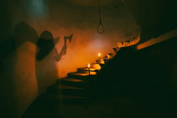 Ghost Abandoned Haunted House Horror Scene Scary Spirit Woman Rope — Zdjęcie stockowe