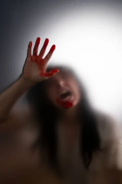 Horror Ghost Woman Blooded Hands Matte Glass Halloween Festival Concept — Stock Photo, Image