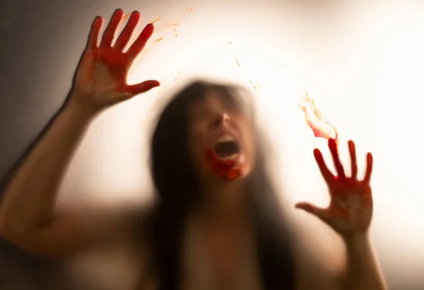 Horror Ghost Woman Blooded Hands Matte Glass Halloween Festival Concept — Stock Photo, Image