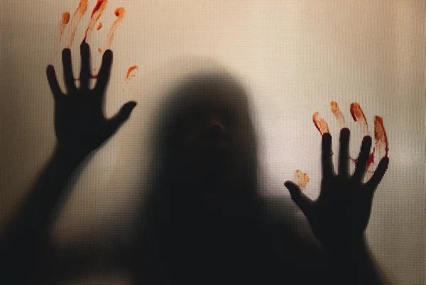 Horror Ghost Woman Blooded Hands Matte Glass Halloween Festival Concept — Stock Photo, Image