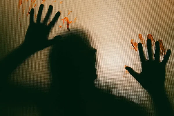 Horror Ghost Woman Blooded Hands Matte Glass Halloween Festival Concept — Stock Photo, Image