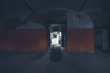Terk edilmiş, perili bir evde hayalet. Kara Dul 'un korku sahnesi, Cadılar Bayramı konsepti..