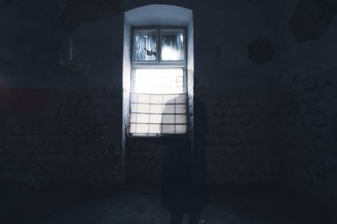 A mysterious figure wearing a long coat and fedora standing in a ruined, abandoned house