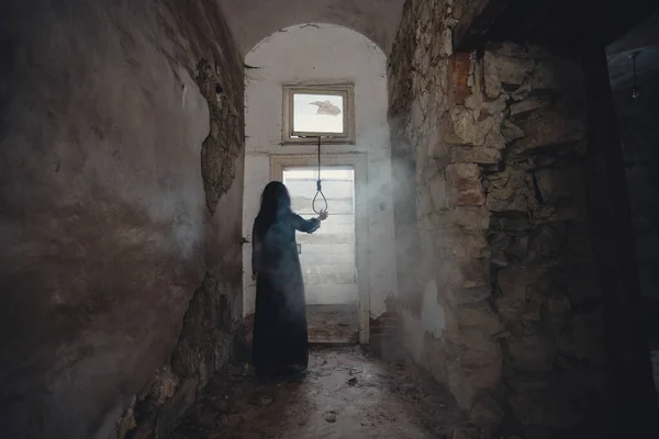 Ghost Abandoned Haunted House Horror Scene Scary Spirit Woman Rope — Stockfoto